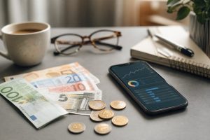 Dinero urgente con ASNEF - euros y smartphone en escritorio