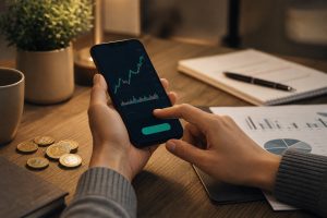 Persona usando aplicación de inversión para comprar acciones