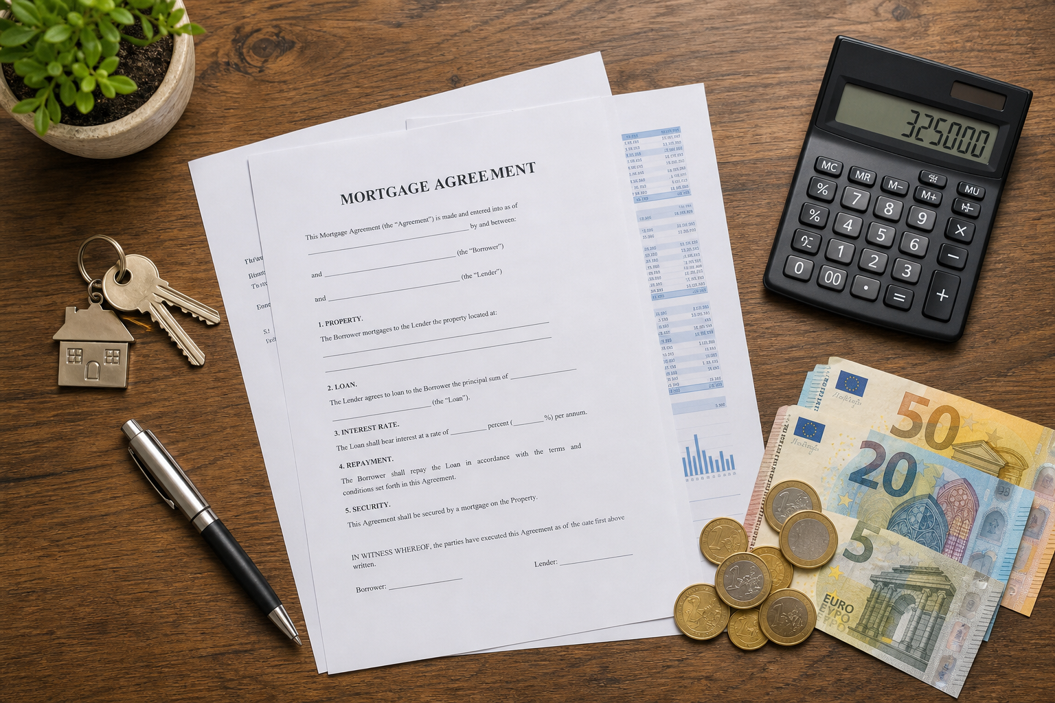 Documentos hipotecarios con calculadora y euros
