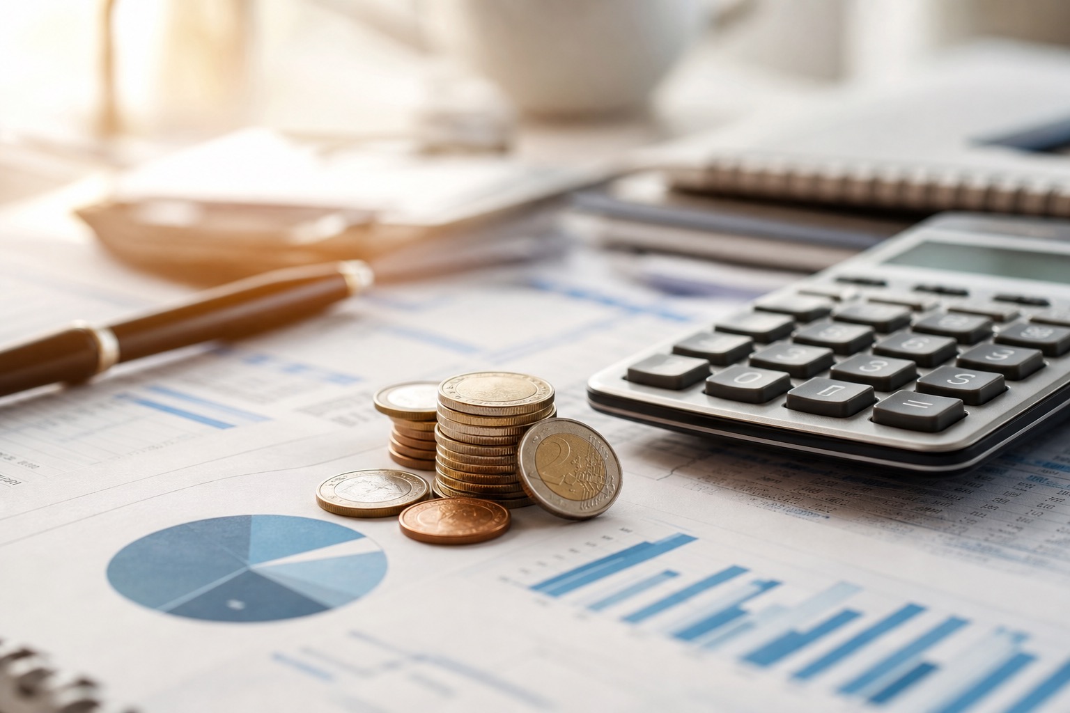 Documentos financieros y calculadora sobre un escritorio