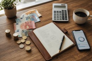 Persona organizando sus finanzas personales con calculadora y documentos