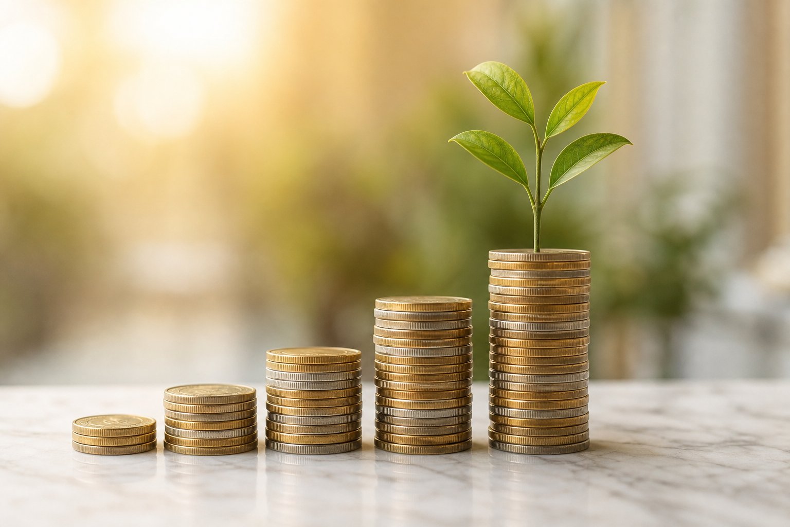 Gráfico de inversión y ahorro con monedas de euro creciendo progresivamente