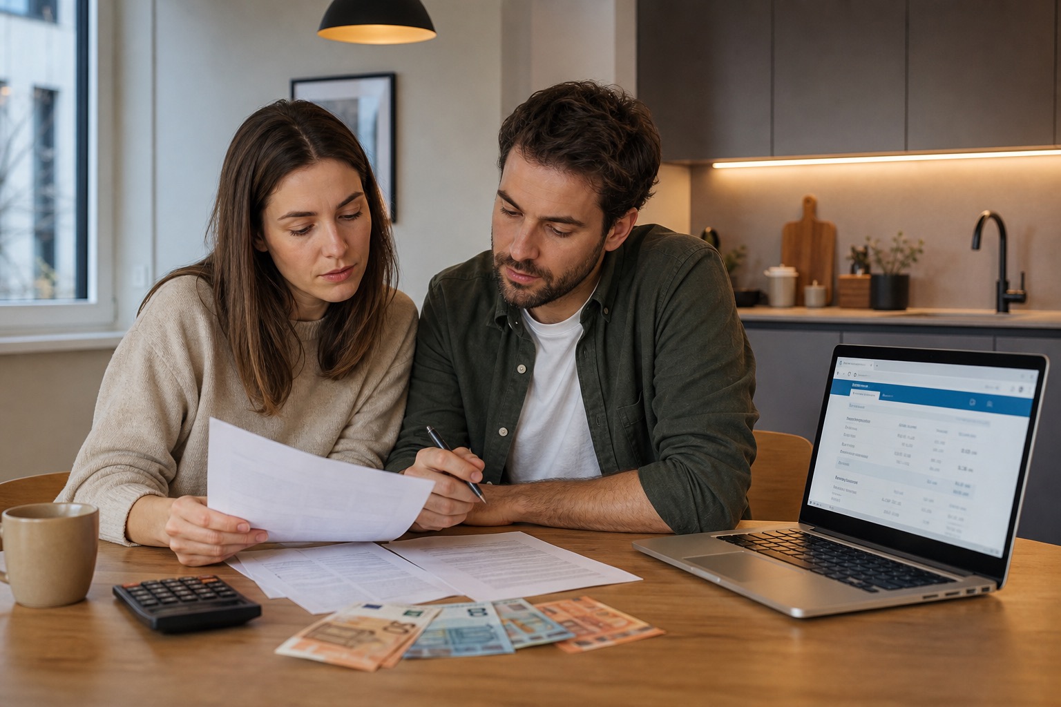 Pareja revisando documentos hipotecarios en casa