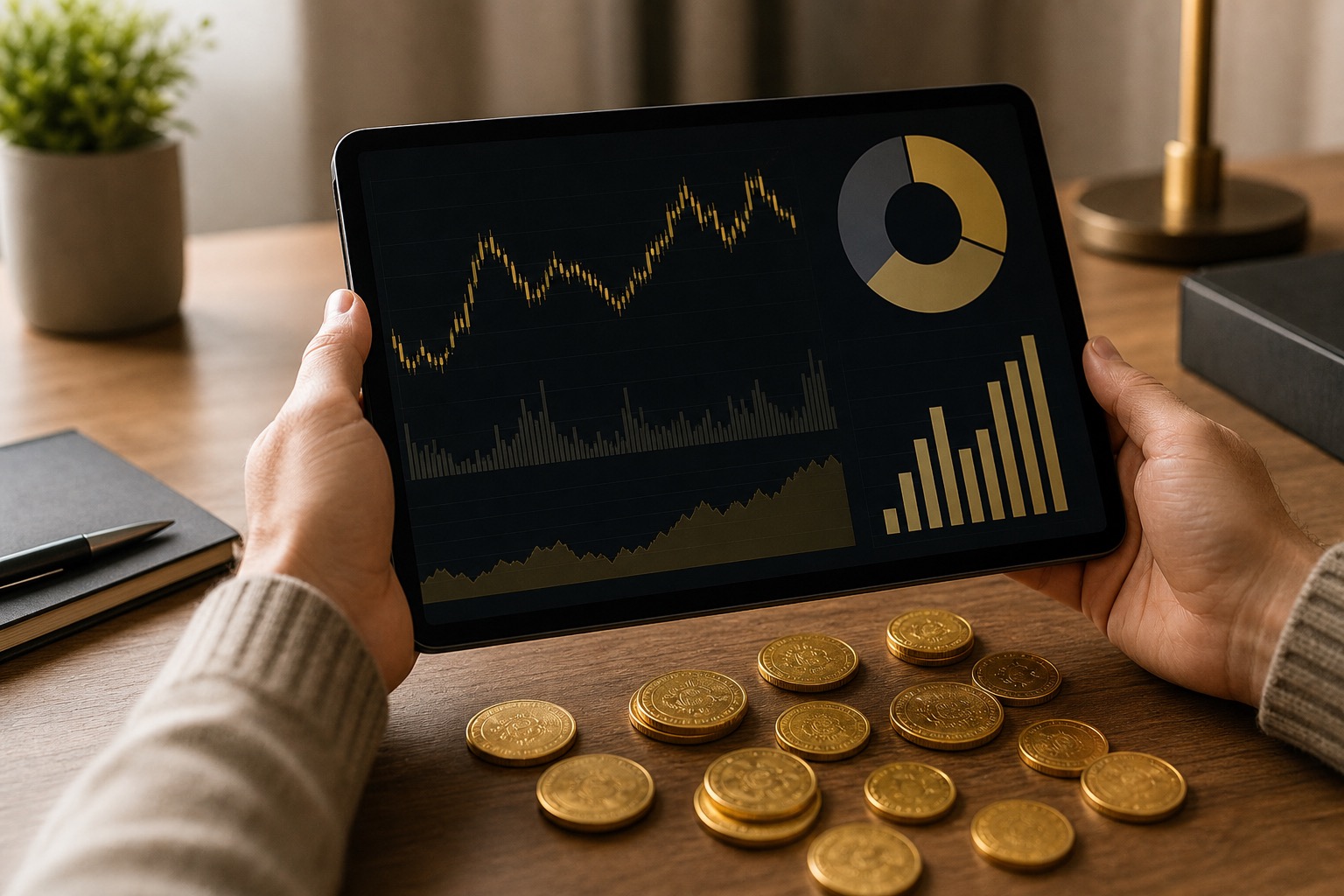 Gráficos financieros y monedas de oro sobre un escritorio
