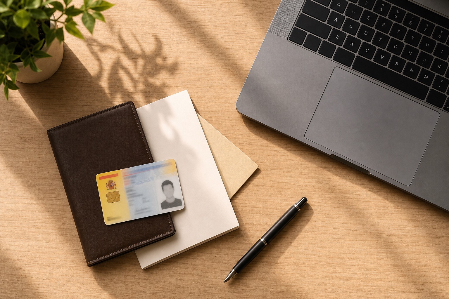 Documentos personales y portátil sobre un escritorio para abrir cuenta bancaria online