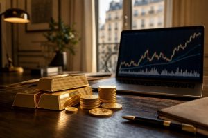 Lingotes de oro y coins sobre escritorio con portátil mostrando gráficos financieros