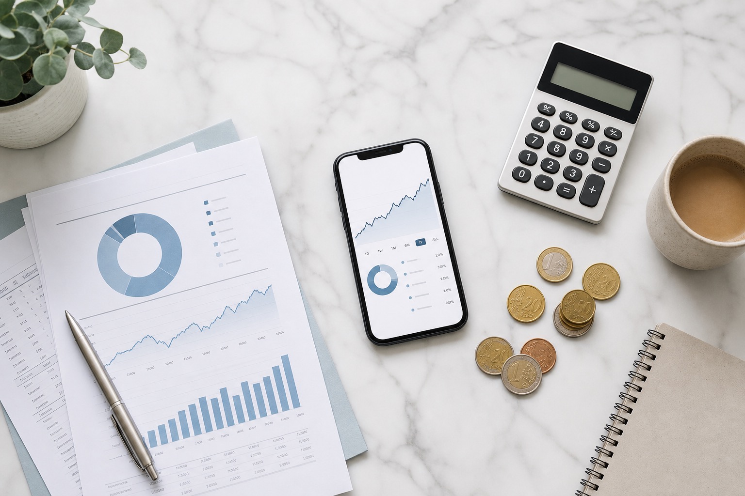 Documentos de inversión, calculadora y monedas de euro sobre superficie de mármol