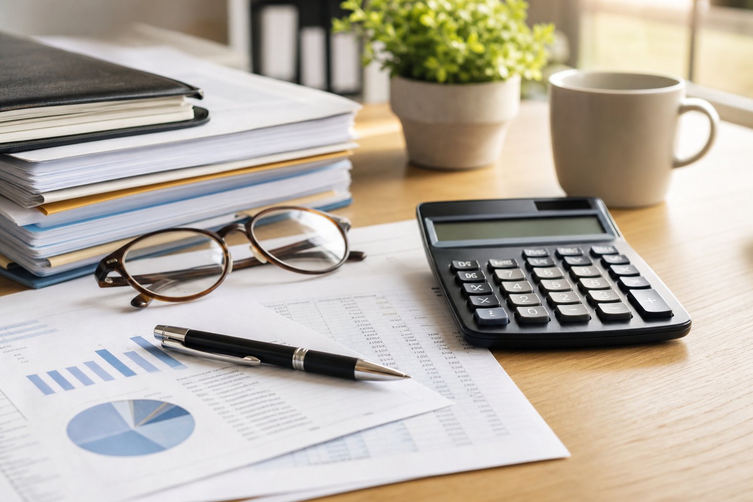 Documentos financieros y calculadora sobre escritorio