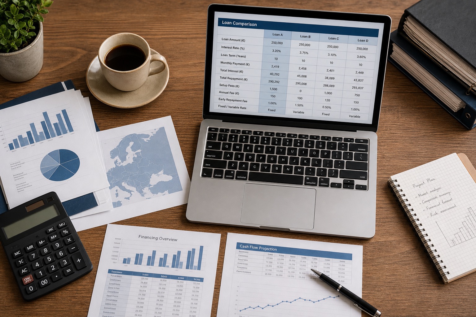 Documentos financieros sobre un escritorio: calculadora, billetes de euro y formularios de solicitud de financiación para autónomos