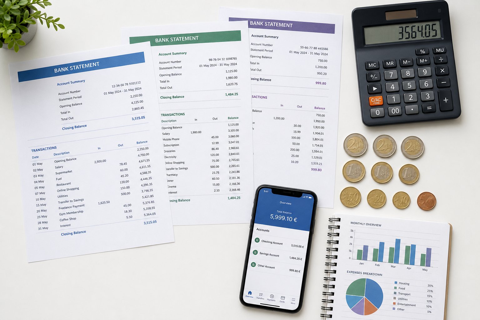 Comparativa de cuentas para autónomos — documentación financiera y calculadora sobre escritorio