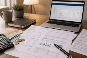 Documentos financieros y portátil con web bancaria - análisis préstamo Pibank