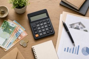 Calculadora financiera sobre mesa con documentos de préstamo