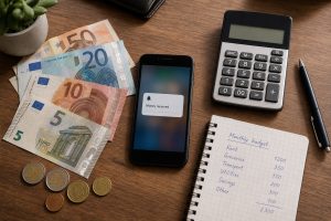 Calculadora y billetes de euro sobre escritorio - préstamos online en el acto