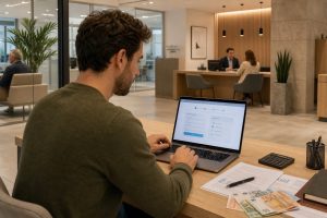Persona solicitando préstamo Sabadell online desde portátil