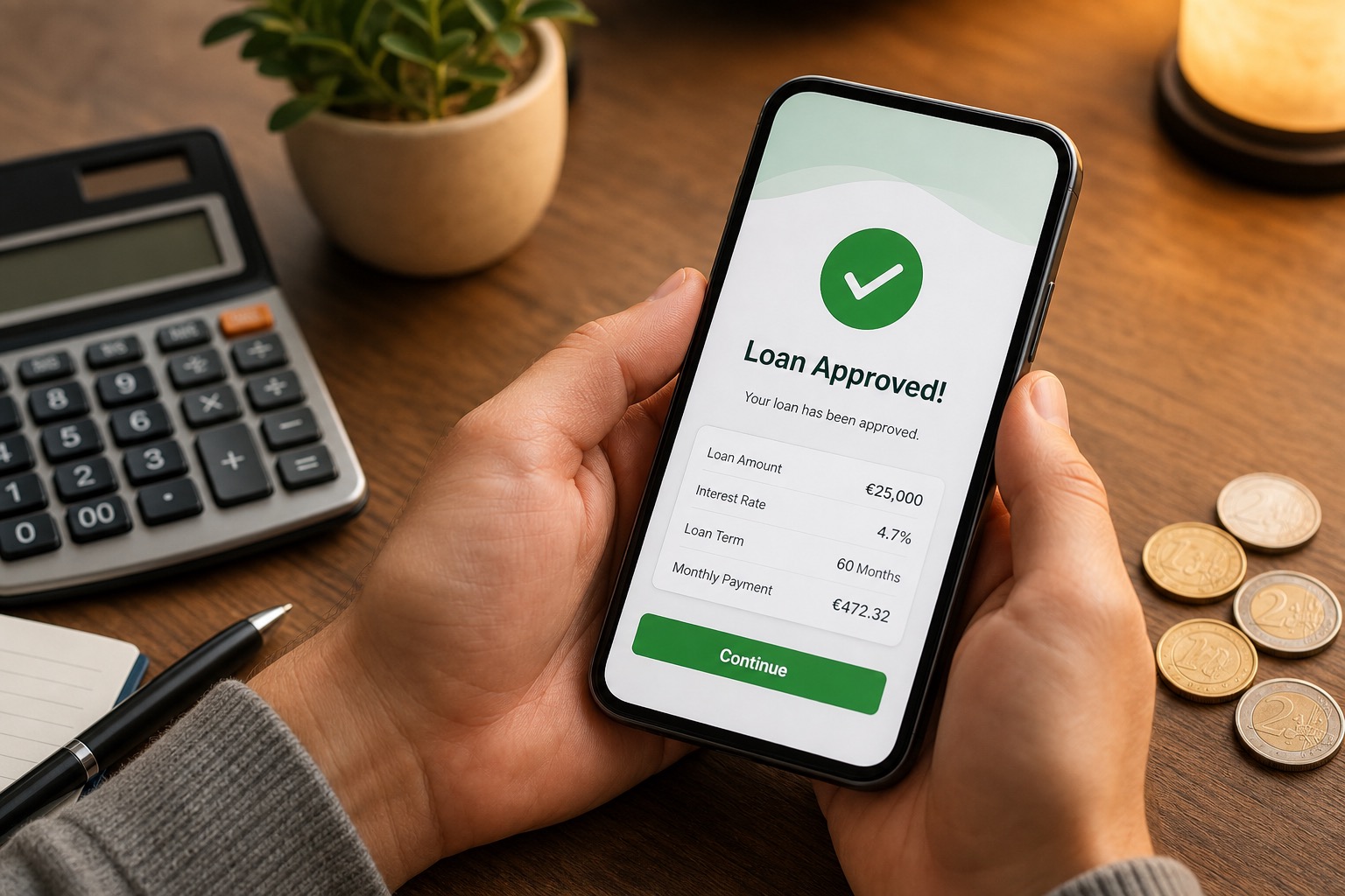 Calculadora financiera junto a un smartphone mostrando cuotas de préstamo