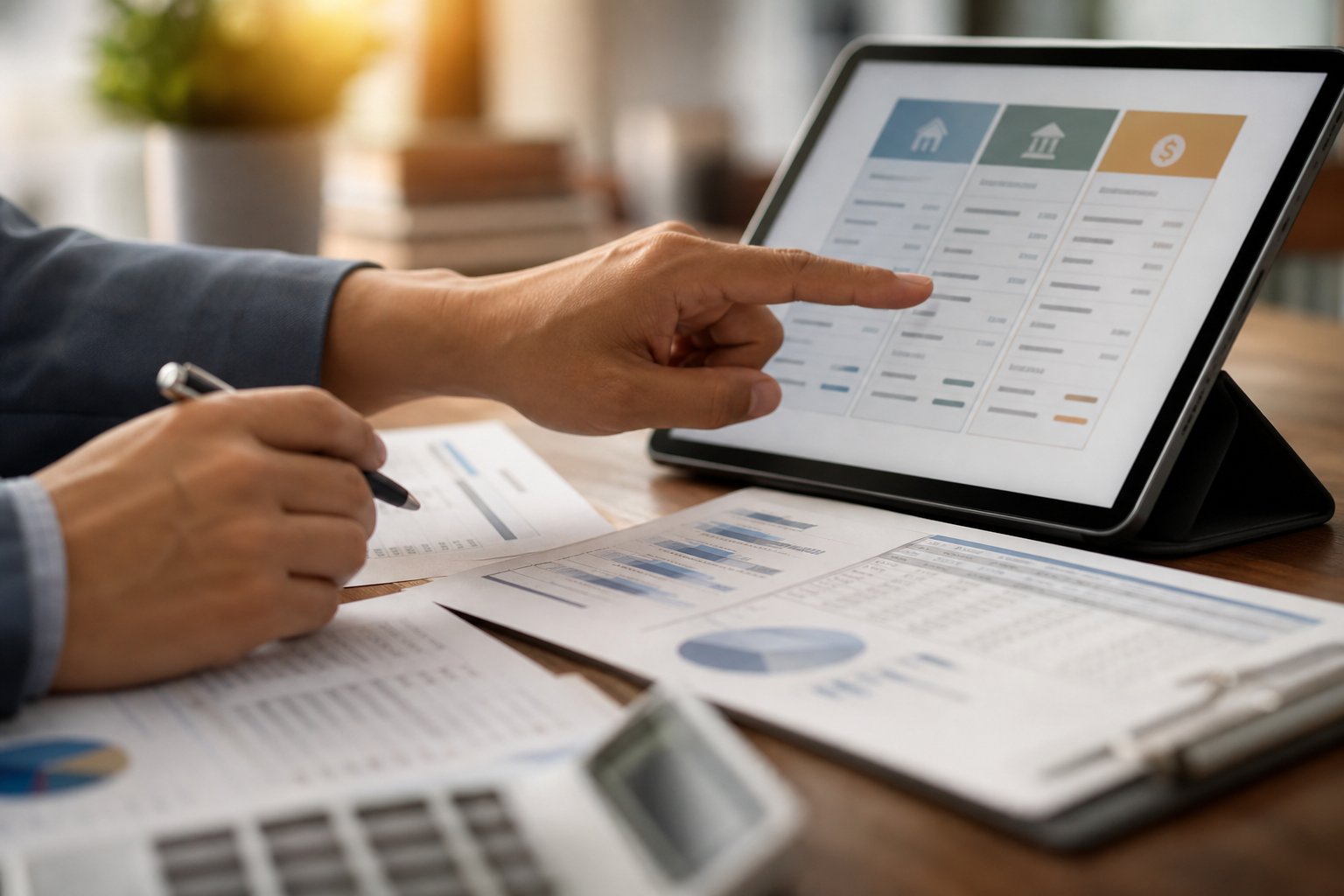 Comparación de ofertas financieras en pantalla de tablet