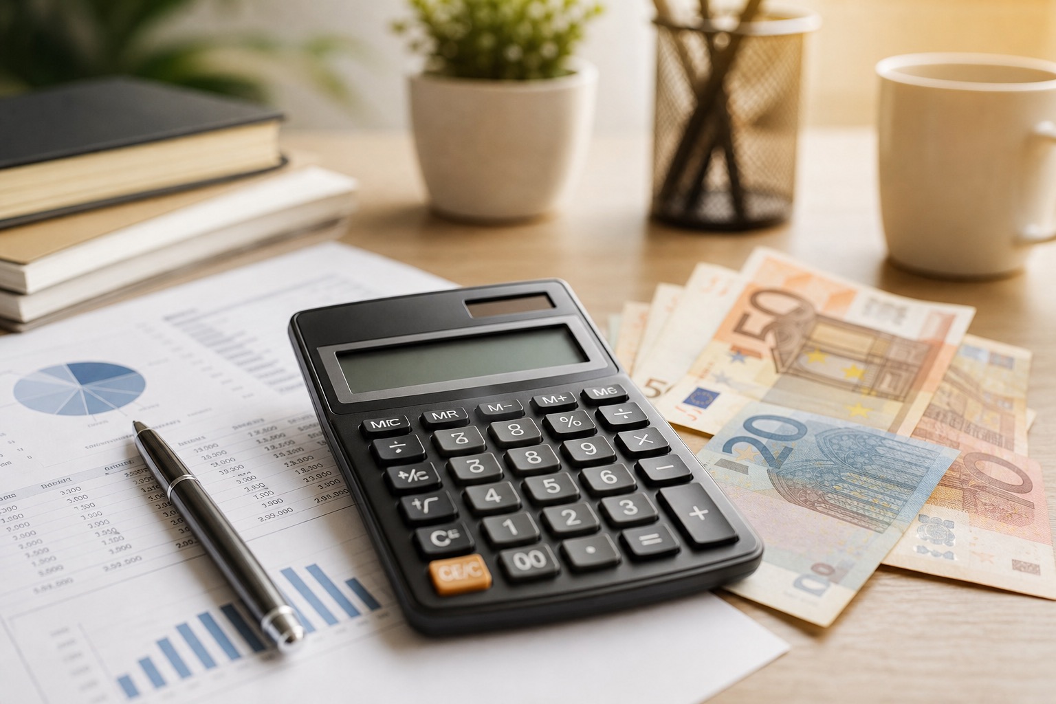 Calculadora financiera sobre escritorio con documentos bancarios