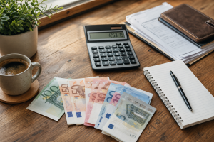 Escritorio con billetes de euro y calculadora para planificacion financiera