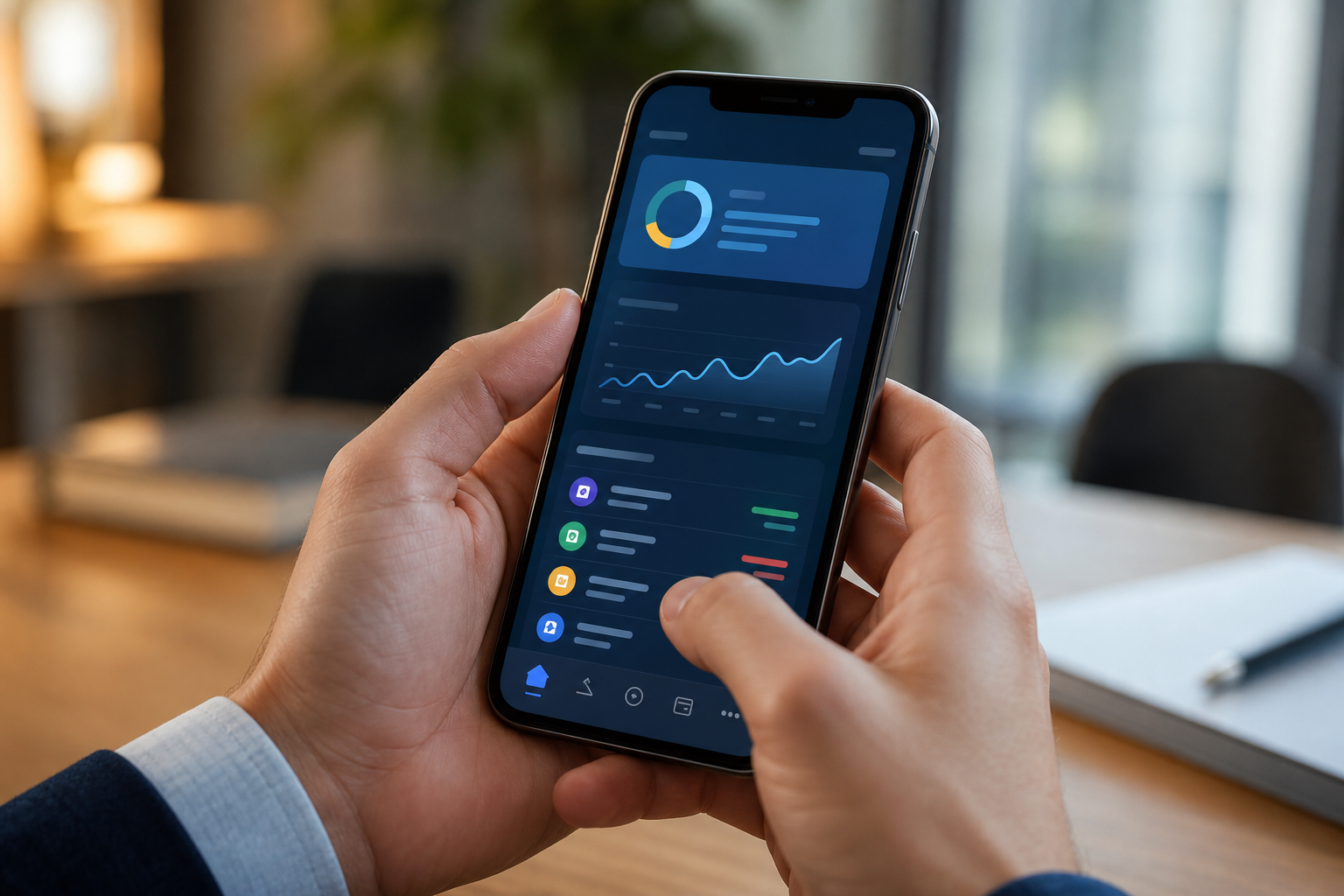 Persona usando aplicacion bancaria en telefono movil para gestionar finanzas