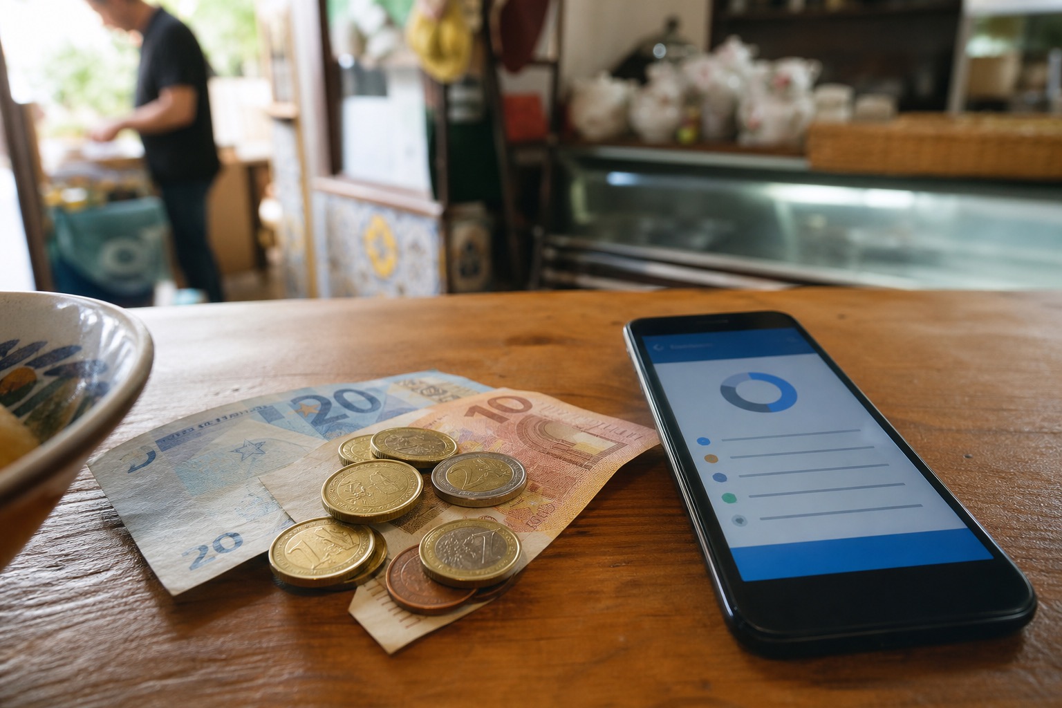 Monedas euros y móvil con app bancaria