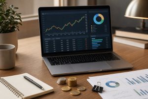 Plataforma de inversión DEGIRO con gráficos financieros y documentos sobre escritorio