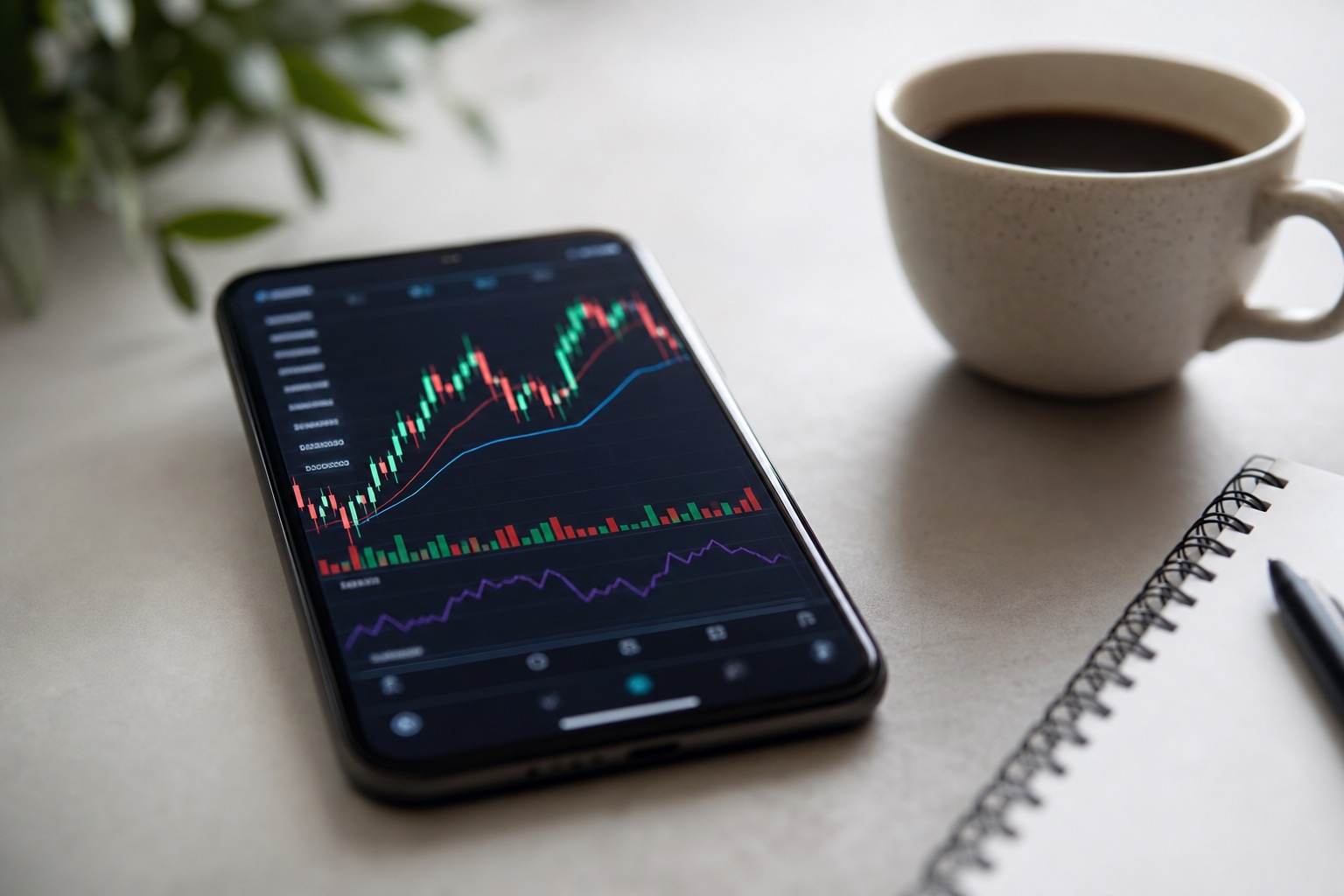 Smartphone mostrando aplicación de inversión con gráficos financieros