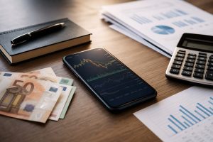 Ambiente de operativa financiera: euros, smartphone con gráficos y calculadora