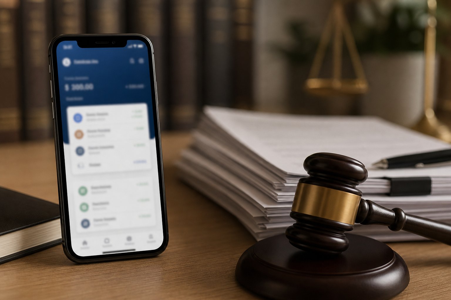 Smartphone con aplicación bancaria junto a documentos legales
