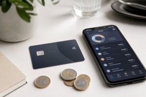 Tarjeta Nickel Mastercard sobre escritorio con euros y smartphone