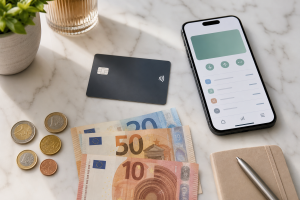 Tarjeta prepago sobre escritorio con monedas y smartphone