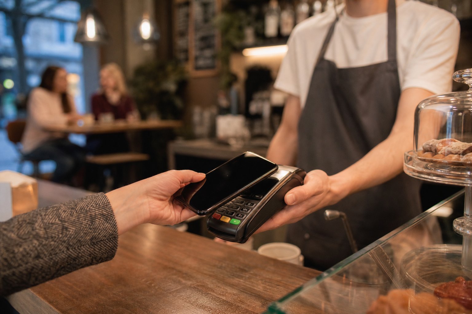 Persona usando el teléfono móvil para pagar en un comercio con tecnología contactless