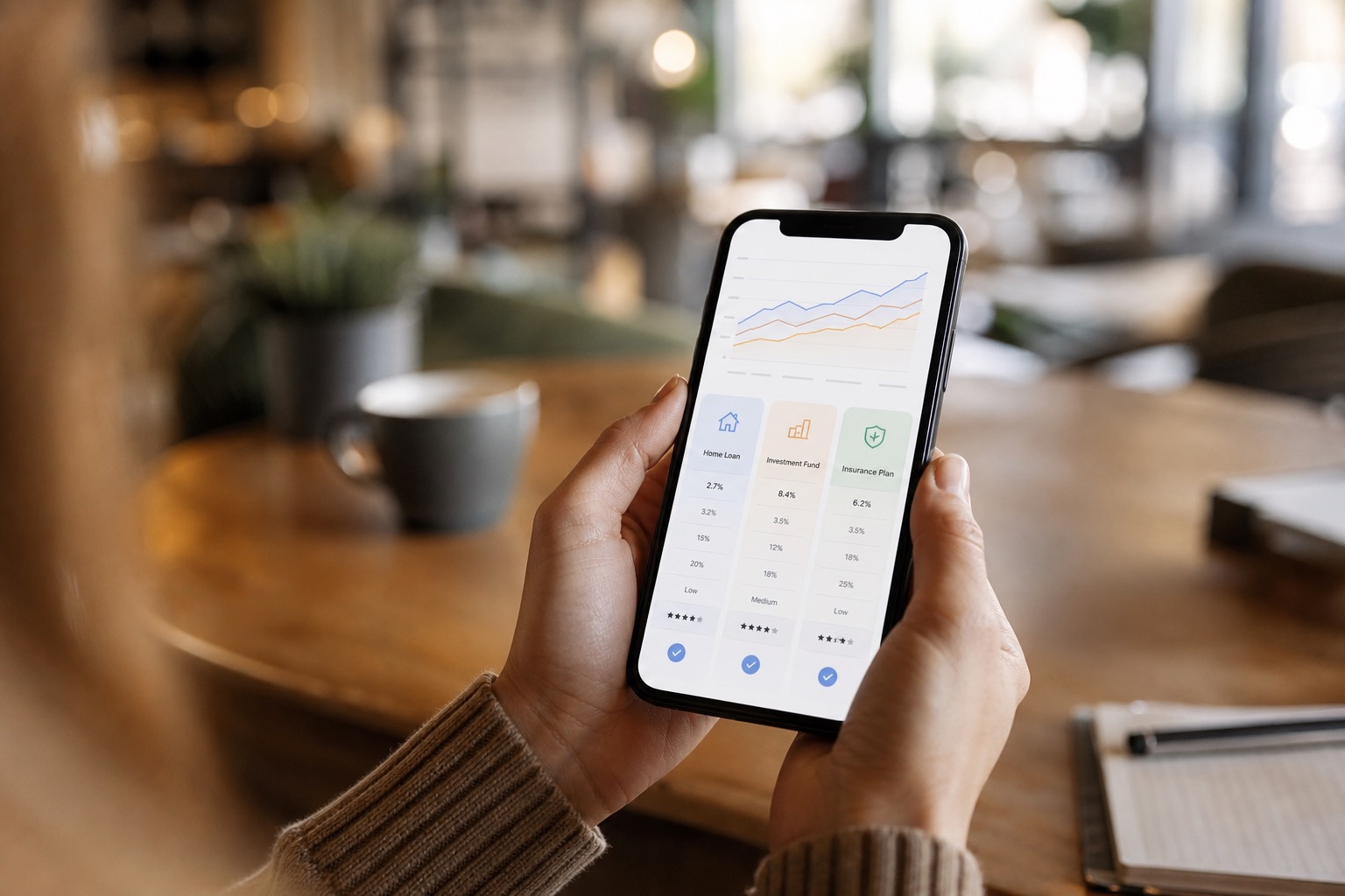 Persona comparando opciones financieras en su teléfono móvil