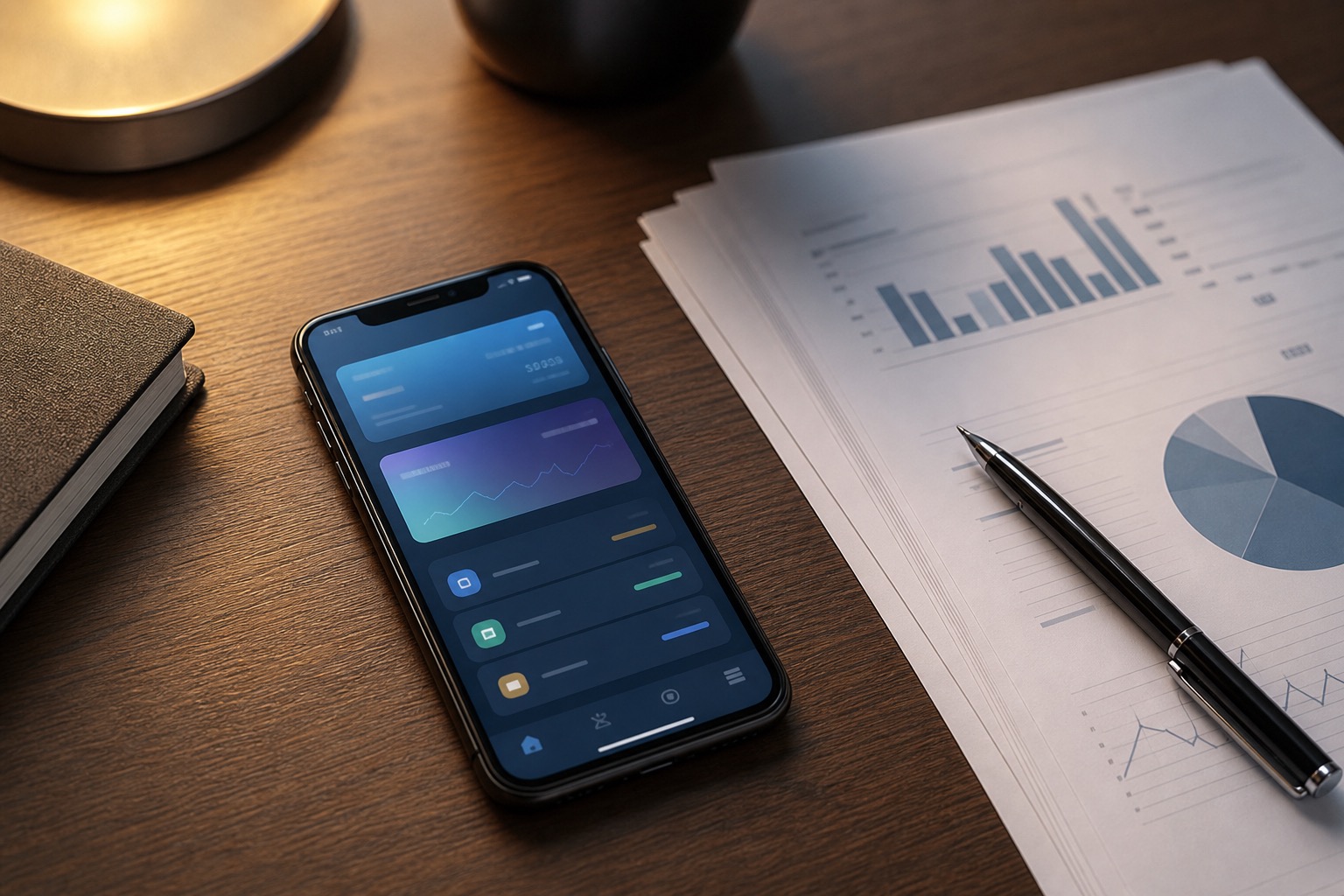 Teléfono móvil mostrando una aplicación bancaria con gráficos financieros