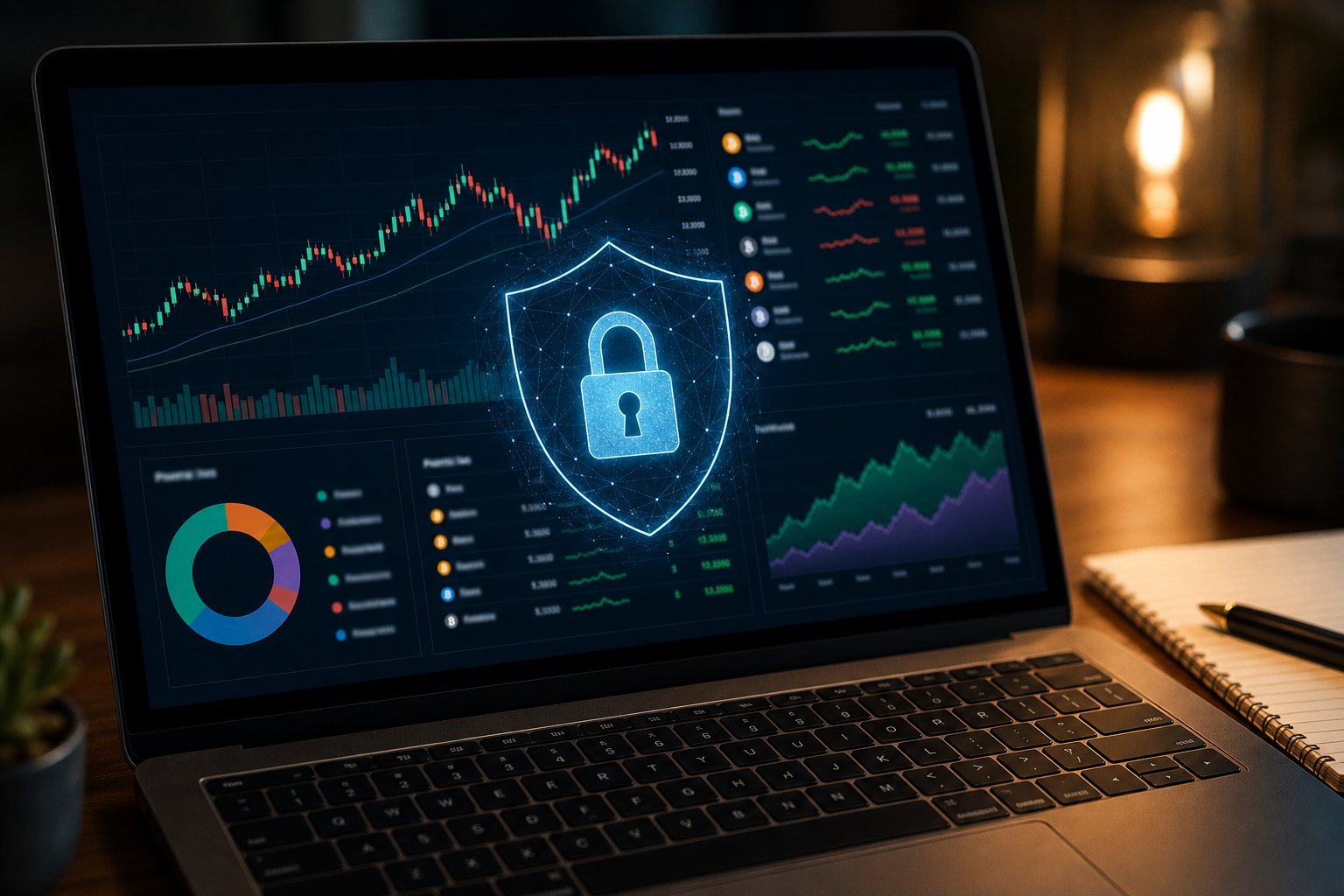 Pantalla de portátil con dashboard de criptomonedas y candado de seguridad