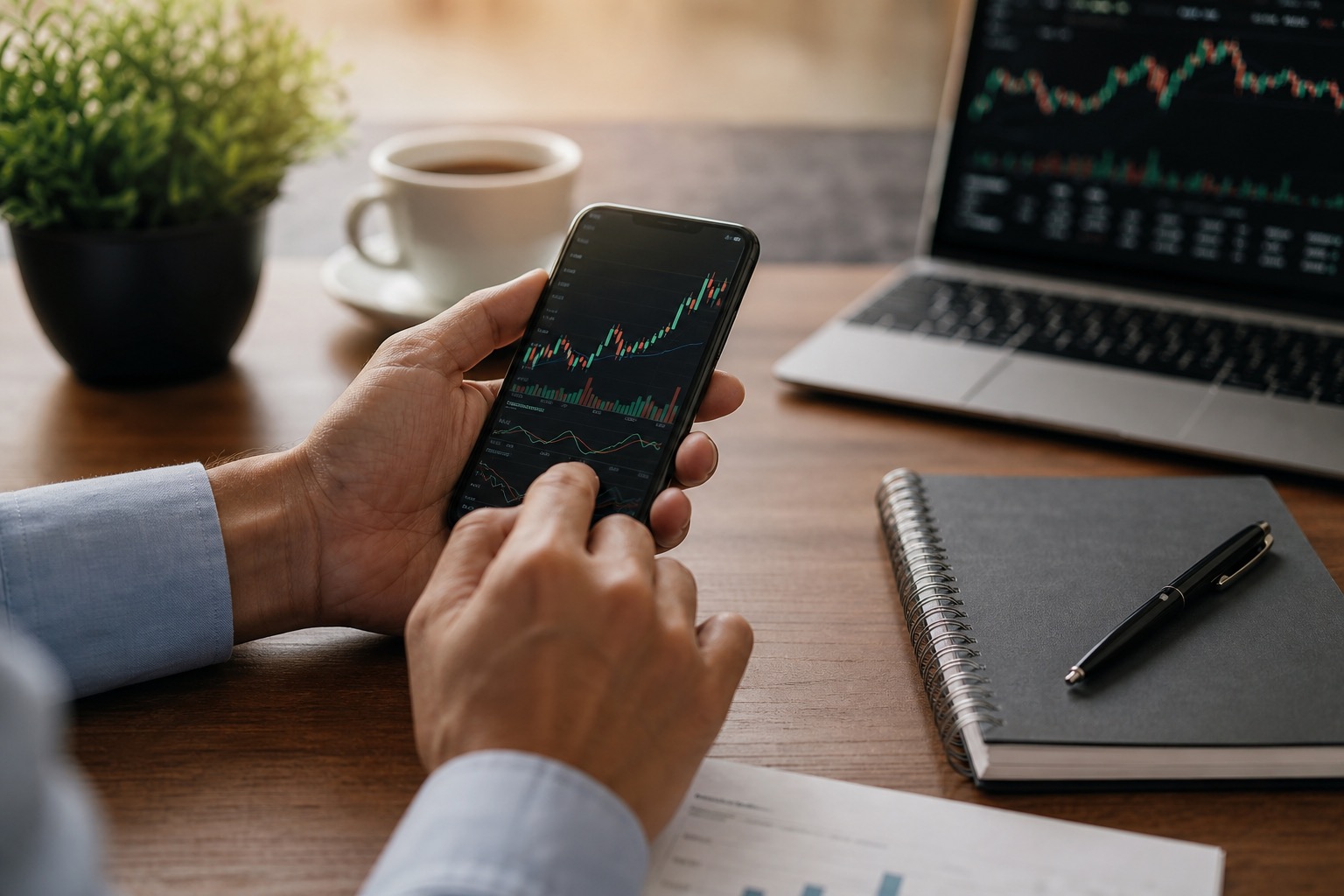 Persona usando app móvil para invertir