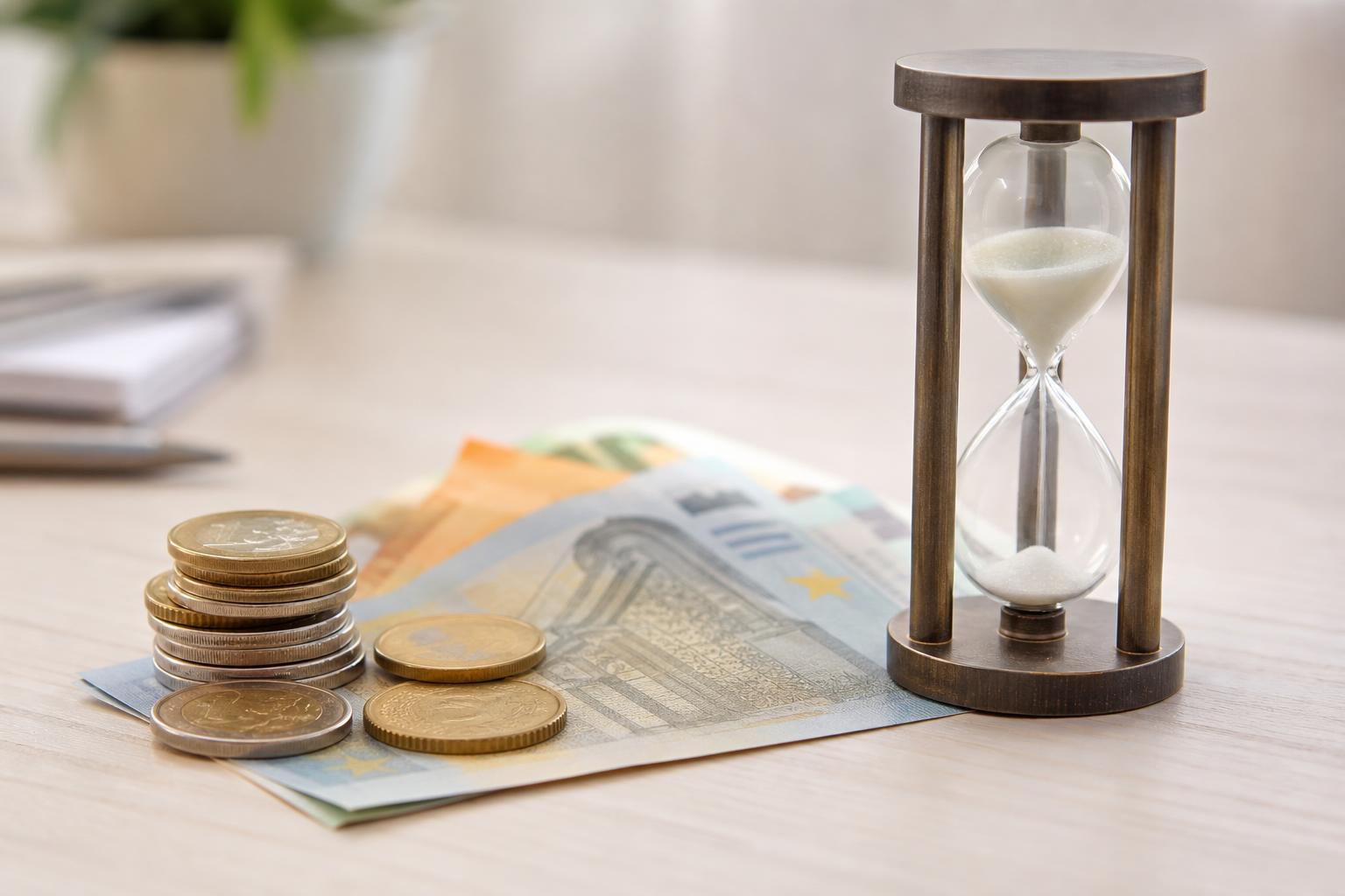 Persona revisando solicitud de microcrédito en smartphone con calculadora y monedas sobre una mesa de madera con luz cálida