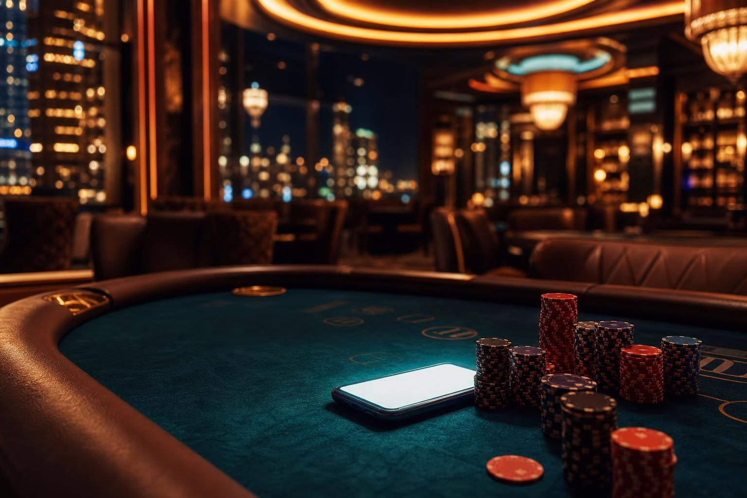 Interior de casino con iluminación cálida y un smartphone sobre la mesa