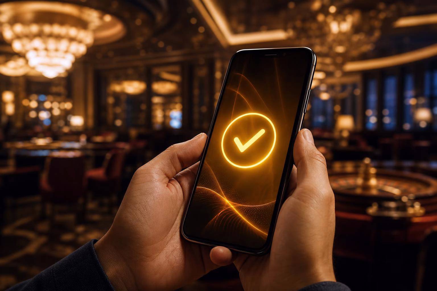 Manos sosteniendo un smartphone con confirmación de pago en un salón de casino