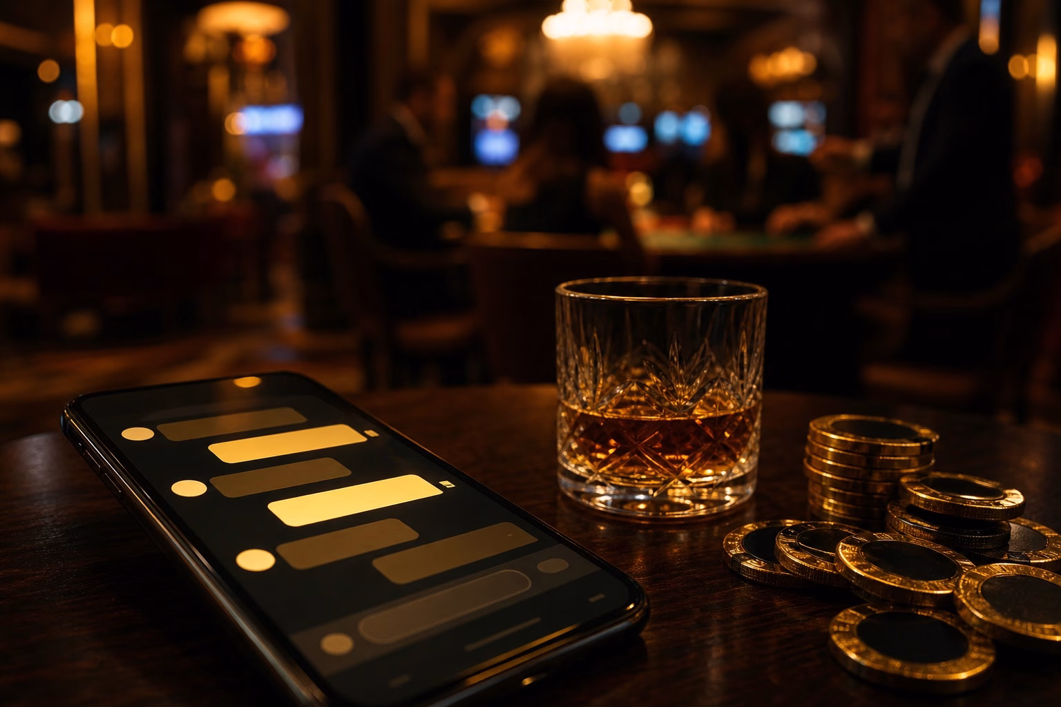 Jugador usando un casino de Telegram desde el móvil en un salón de casino