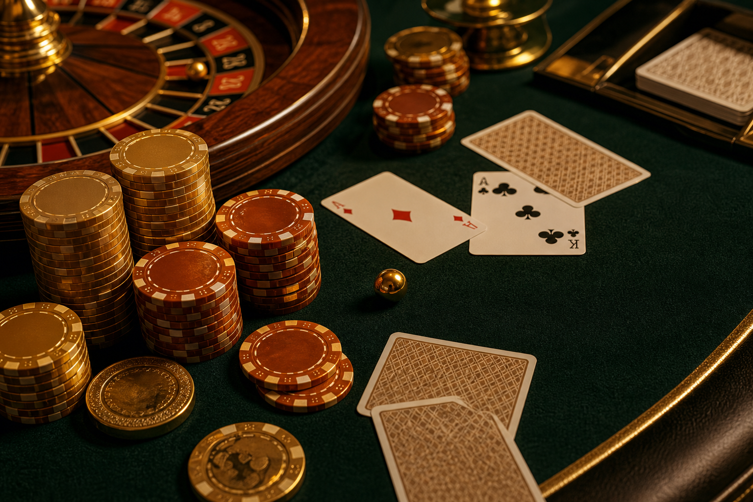 Casinos online europeos — fichas y cartas en mesa de casino con iluminación cálida